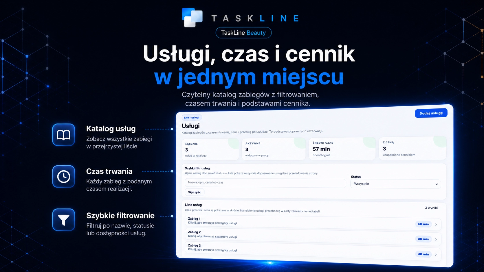 Katalog usług z czasem trwania i podstawami cennika w TaskLine Beauty