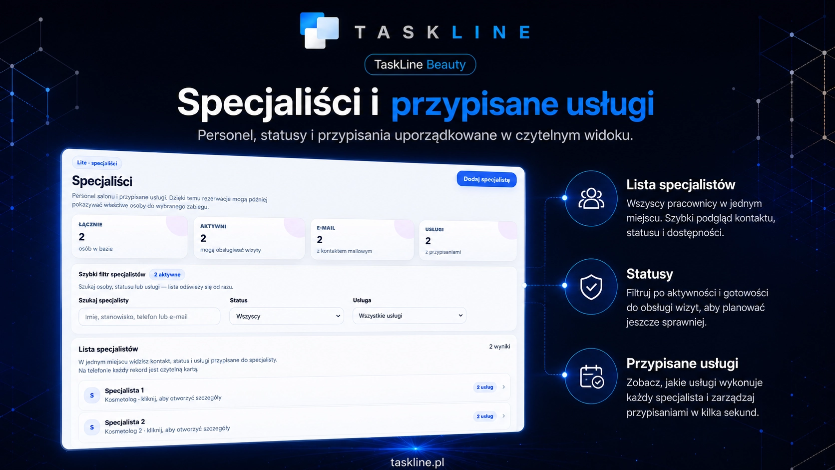 Lista specjalistów i przypisanych usług w systemie rezerwacji TaskLine Beauty