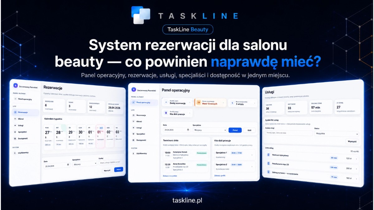 TaskLine Beauty — system rezerwacji online dla salonu beauty z panelem operacyjnym, rezerwacjami, usługami i dostępnością